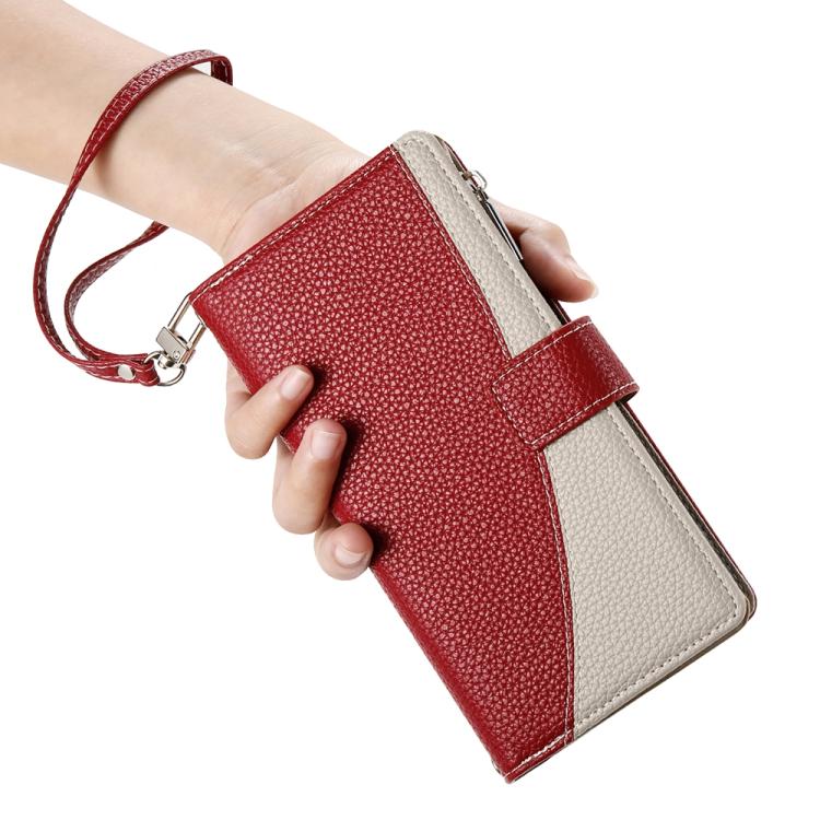 Funda de cuero con cremallera para Redmi K70E y Xiaomi Poco X6 Pro, con costuras, múltiples tarjetas y correa corta (roja)
