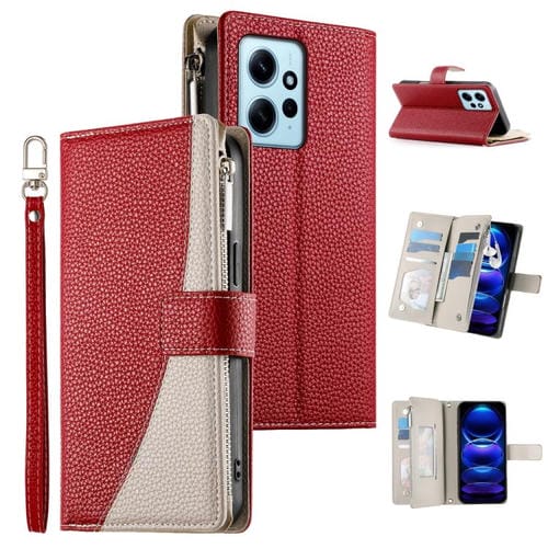 Funda de cuero con cremallera para Redmi Note 12 4G Global / Note 12R Pro, con costuras, para múltiples tarjetas y correa corta (roja)