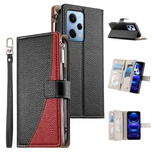 Funda de cuero con cremallera para Redmi Note 12 Pro 5G, con costuras globales, múltiples tarjetas y correa corta (negra)