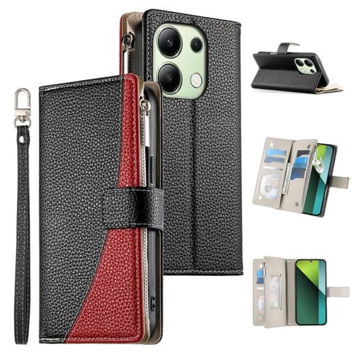 Funda de cuero con cremallera para Redmi Note 13 4G, con costuras globales, múltiples tarjetas y correa corta (negra)