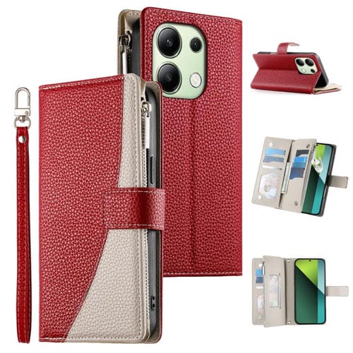 Funda de cuero con cremallera para Redmi Note 13 4G, con costuras globales, múltiples tarjetas y correa corta (roja)