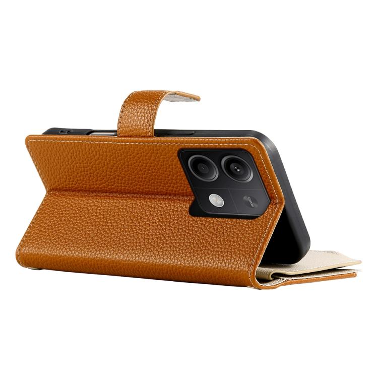 Funda de cuero con cremallera para Redmi Note 13 5G, con costuras globales y múltiples tarjetas, con correa corta (marrón)