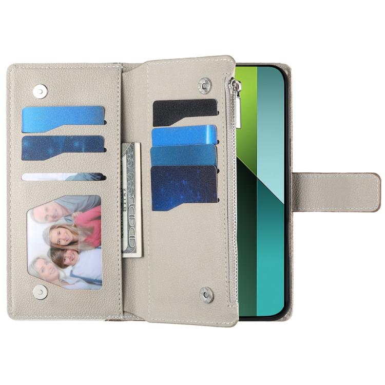 Funda de cuero con cremallera para Redmi Note 13 5G, con costuras globales, para múltiples tarjetas y correa corta (blanca)