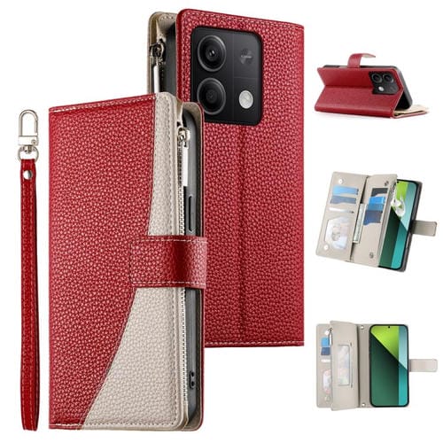Funda de cuero con cremallera para Redmi Note 13 5G, con costuras globales, múltiples tarjetas y correa corta (roja)