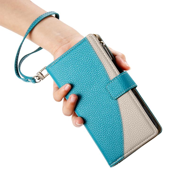 Funda de cuero con cremallera para Redmi Note 13 Pro 4G / Poco M6 Pro, con costuras, para múltiples tarjetas y correa corta (azul)