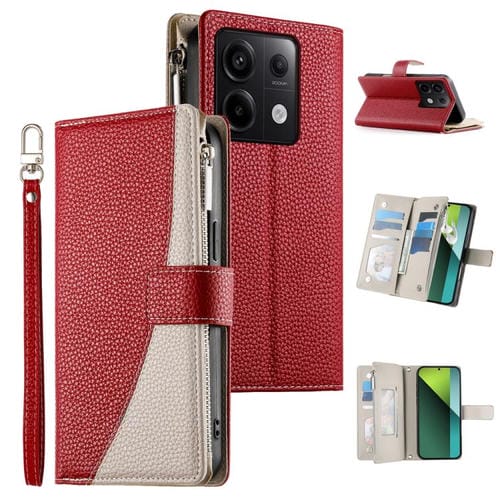 Funda de cuero con cremallera para Redmi Note 13 Pro / Xiaomi Poco X6, con costuras, para múltiples tarjetas y correa corta (roja)