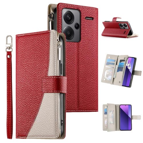 Funda de cuero tipo billetera con cremallera para Redmi Note 13 Pro+, con costuras globales y múltiples tarjetas, con correa corta (roja)