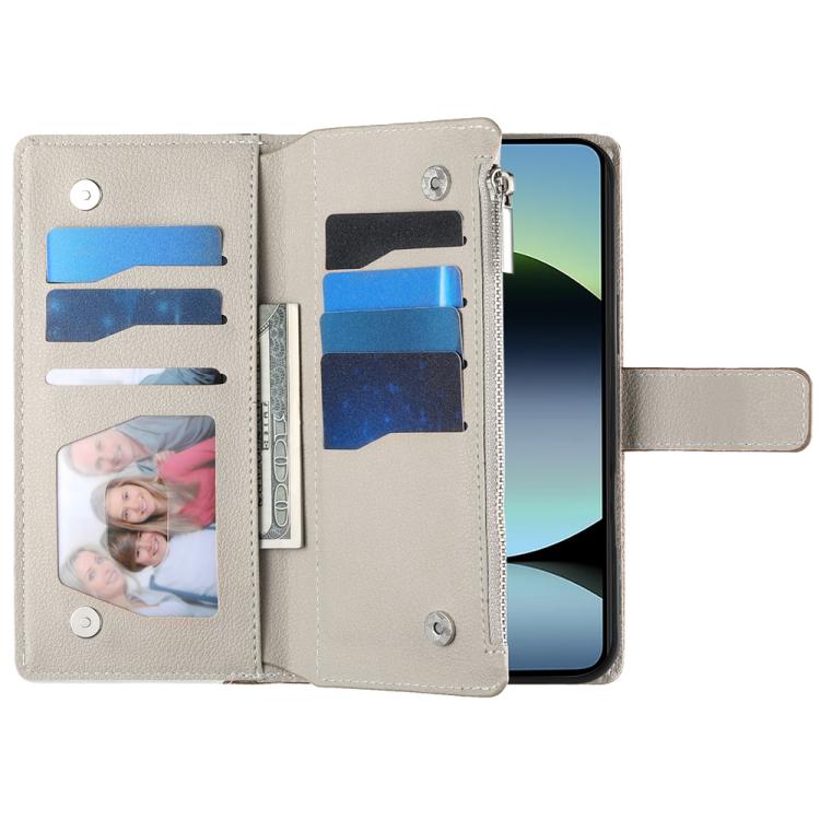 Funda de cuero con cremallera para Redmi Note 14 5G, con costuras globales y múltiples tarjetas, con correa corta (marrón)