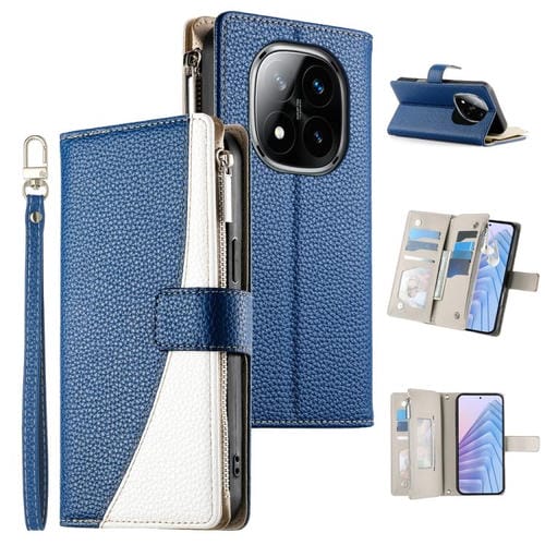 Funda de cuero con cremallera para Redmi Note 14 Pro 4G, con costuras, para múltiples tarjetas y correa corta (azul oscuro)