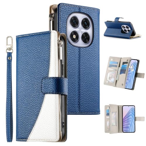 Funda de cuero con cremallera para Redmi Note 14 Pro 5G / Note 14 Pro+ 5G, con costuras, para múltiples tarjetas y correa corta (azul oscuro)