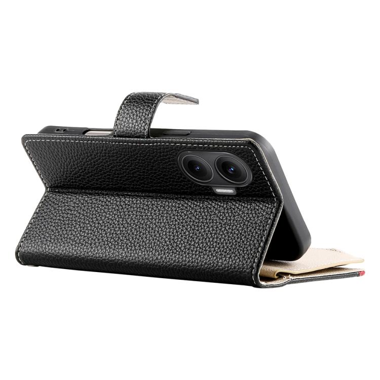 Funda de cuero con cremallera para Redmi Turbo 4 Pro y Xiaomi Poco F7, con costuras, para múltiples tarjetas y correa corta (negra)