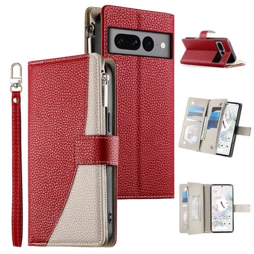 Funda de cuero con cremallera para Google Pixel 7 Pro, con múltiples tarjetas, costuras y correa corta (roja)