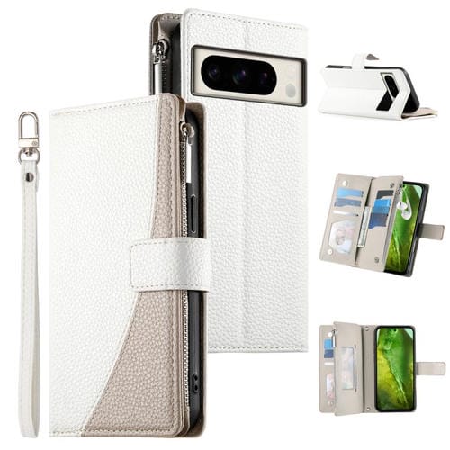 Funda de cuero con cremallera para Google Pixel 8 Pro, con múltiples tarjetas y costuras, con correa corta (blanca)