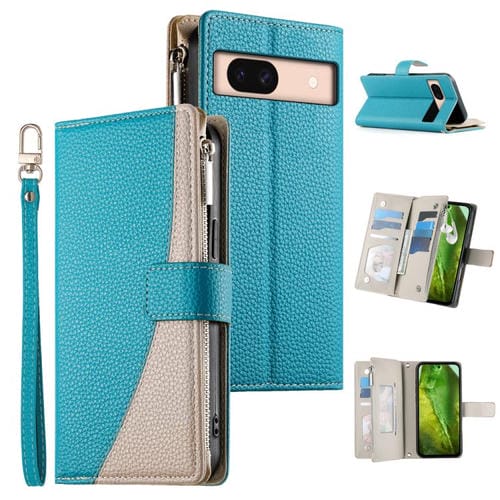 Funda de cuero con cremallera para Google Pixel 8a, con múltiples tarjetas y costuras, con correa corta (azul)