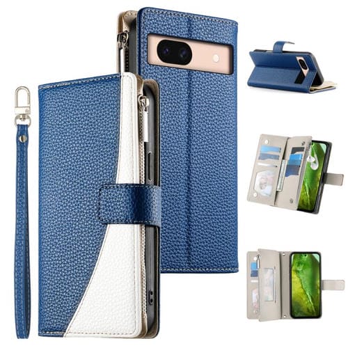 Funda de cuero con cremallera para Google Pixel 8a, con múltiples tarjetas y costuras, con correa corta (azul oscuro)