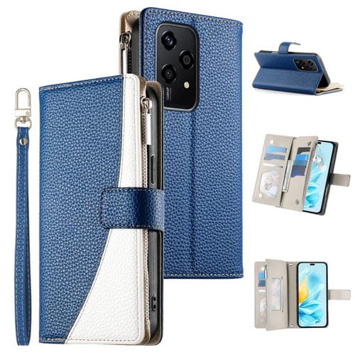 Funda de cuero tipo billetera con cremallera y múltiples tarjetas, con costuras globales y correa corta para Honor 200 Lite (azul oscuro)