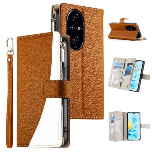 Funda de cuero con cremallera para teléfono con múltiples tarjetas y costuras para Honor 200 Pro (marrón)