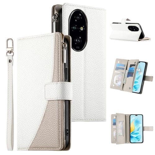 Funda de cuero tipo billetera con cremallera y múltiples tarjetas para Honor 200 Pro, con costuras y correa corta (blanca)
