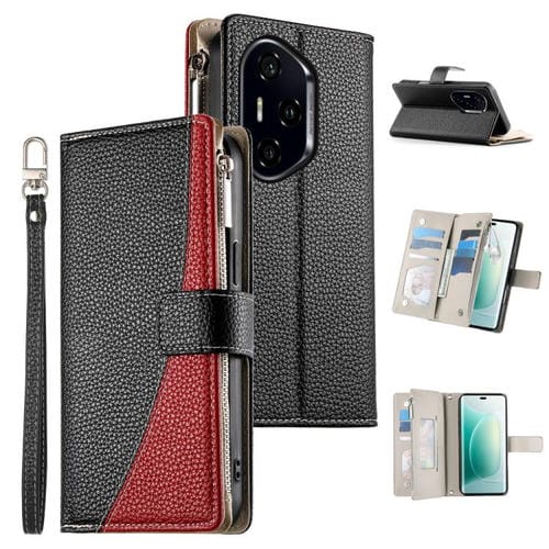 Funda de cuero tipo billetera con cremallera y múltiples tarjetas, con costuras y correa corta para Honor 300 Pro/Honor 300 Ultra (negra)