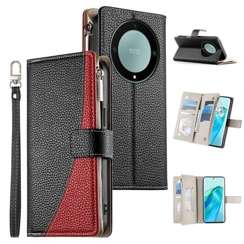 Funda de cuero tipo billetera con cremallera y múltiples tarjetas, con costuras y correa corta para Honor X9a / X40 / Magic5 Lite (negra)