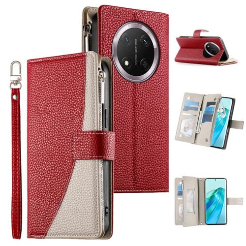 Funda de cuero tipo billetera con cremallera y múltiples tarjetas para Honor X9c/Magic7 Lite, con costuras y correa corta (roja)