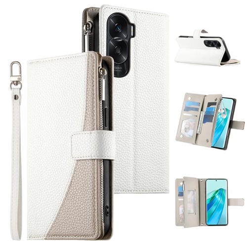 Funda de cuero tipo billetera con cremallera y múltiples tarjetas, con costuras y correa corta para Honor X50i/Honor 90 Lite (blanca)