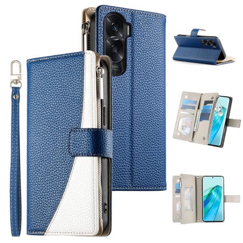Funda de cuero con cremallera y múltiples tarjetas para Honor X50i / Honor 90 Lite, con costuras y correa corta (azul oscuro)