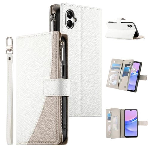 Funda de cuero tipo billetera con cremallera para Samsung Galaxy A05, con costuras y correa corta (blanca)
