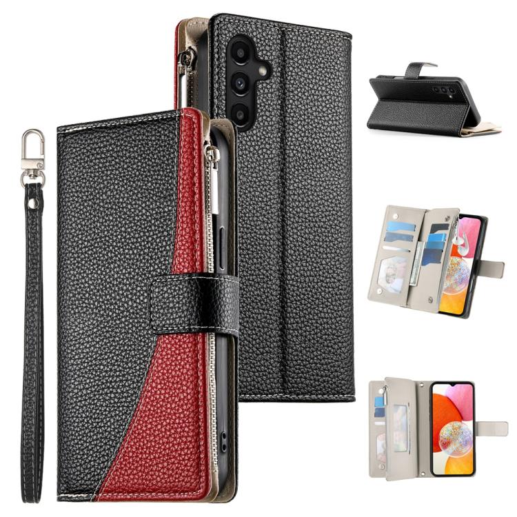Funda de cuero tipo billetera con cremallera y múltiples tarjetas para Samsung Galaxy A14 4G/5G con costuras y correa corta (negra)