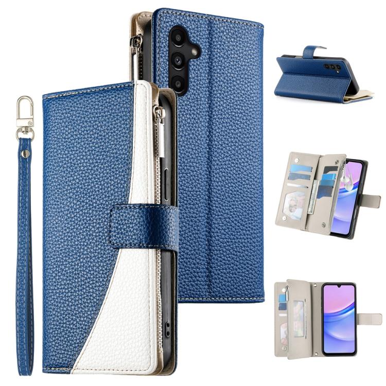 Funda de cuero tipo billetera con cremallera y múltiples tarjetas para Samsung Galaxy A15 4G/5G, con costuras y correa corta (azul oscuro)