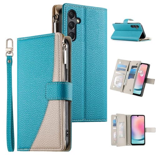 Funda de cuero tipo billetera con cremallera y múltiples tarjetas para Samsung Galaxy A24 4G, con costuras y correa corta (azul)