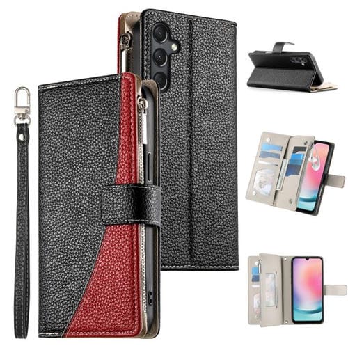 Funda de cuero tipo billetera con cremallera y múltiples tarjetas para Samsung Galaxy A24 4G, con costuras y correa corta (negra)