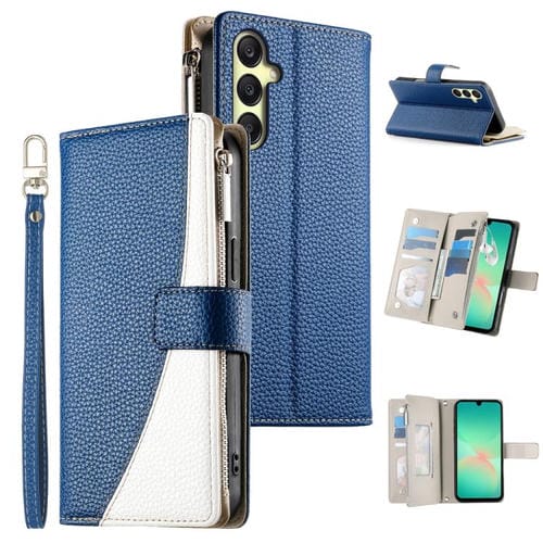 Funda de cuero con cremallera y múltiples tarjetas para Samsung Galaxy A26 5G / A16 / A17 4G con costuras y correa corta (azul oscuro)