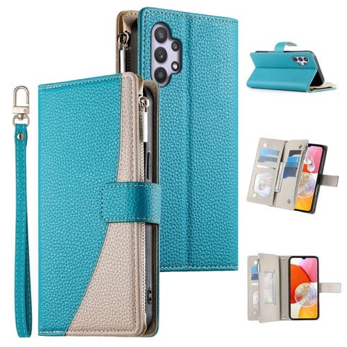Funda de cuero tipo billetera con cremallera y múltiples tarjetas para Samsung Galaxy A32 5G con costuras y correa corta (azul)