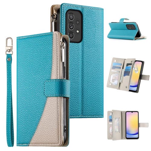 Funda de cuero tipo billetera con cremallera y múltiples tarjetas para Samsung Galaxy A33 5G, con costuras y correa corta (azul)