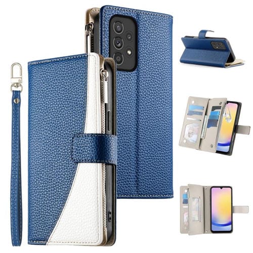 Funda de cuero con cremallera para Samsung Galaxy A33 5G, con costuras, para múltiples tarjetas y correa corta (azul oscuro)
