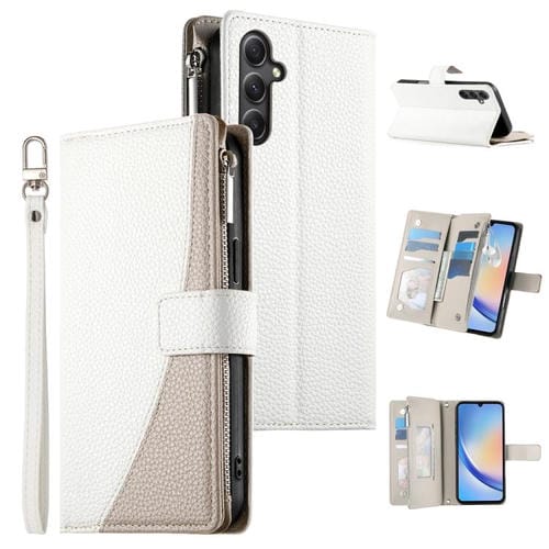 Funda de cuero tipo billetera con cremallera y múltiples tarjetas para Samsung Galaxy A34 5G, con costuras y correa corta (blanca)