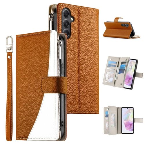 Funda de cuero con cremallera para Samsung Galaxy A35 5G, con costuras, para múltiples tarjetas y correa corta (marrón)
