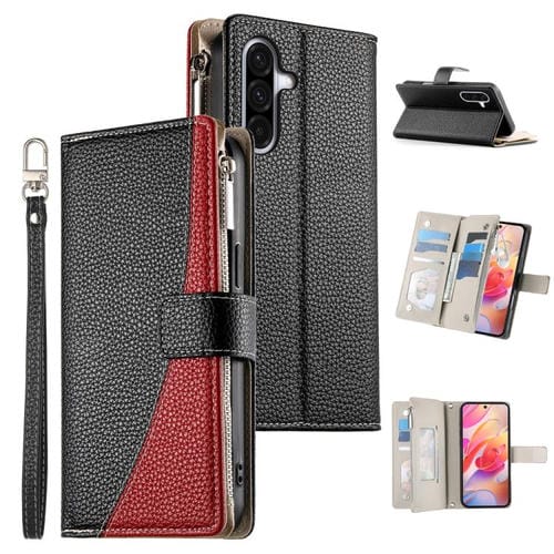 Funda de cuero tipo billetera con cremallera y múltiples tarjetas para Samsung Galaxy A36 5G, con costuras y correa corta (negra)