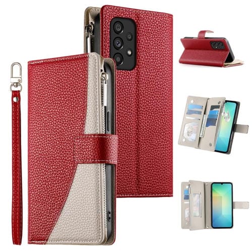Funda de cuero tipo billetera con cremallera y múltiples tarjetas para Samsung Galaxy A53 5G con costuras y correa corta (roja)