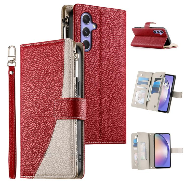 Funda de cuero tipo billetera con cremallera y múltiples tarjetas para Samsung Galaxy A54 5G con costuras y correa corta (roja)