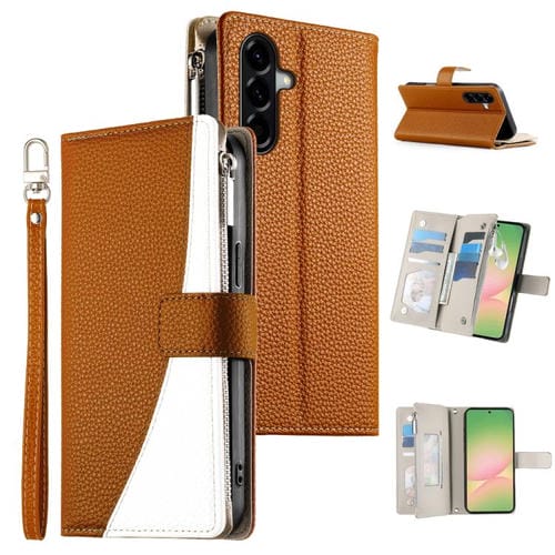 Funda de cuero con cremallera para Samsung Galaxy A56 5G, con costuras, para múltiples tarjetas y correa corta (marrón)