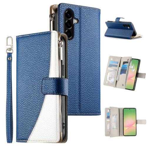 Funda de cuero tipo billetera con cremallera y múltiples tarjetas para Samsung Galaxy A56 5G, con costuras y correa corta (azul oscuro)