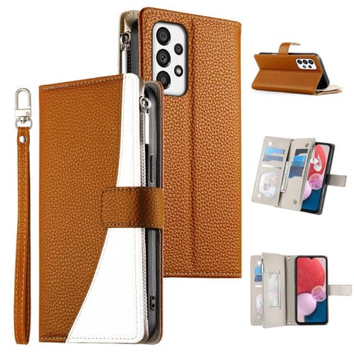 Funda de cuero con cremallera para Samsung Galaxy A73 5G, con costuras, para múltiples tarjetas y correa corta (marrón)
