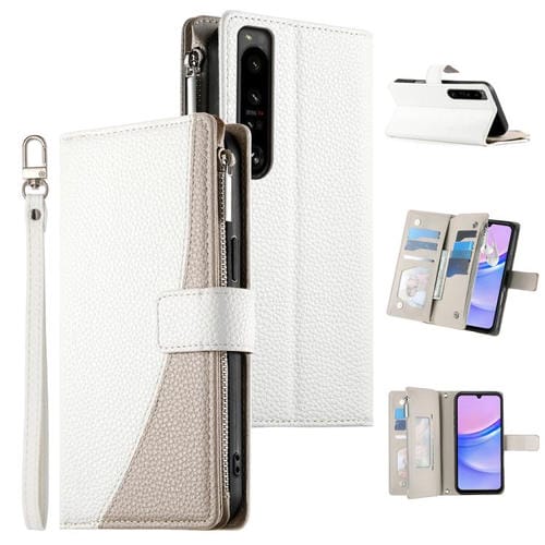 Funda de cuero tipo billetera con cremallera y múltiples tarjetas para Sony Xperia 1 IV, con costuras y correa corta (blanca)