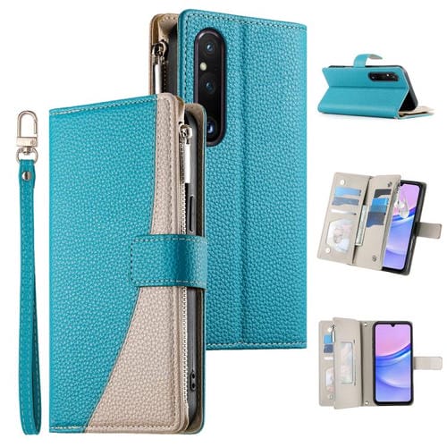 Funda de cuero tipo billetera con cremallera y múltiples tarjetas para Sony Xperia 1 V, con costuras y correa corta (azul)