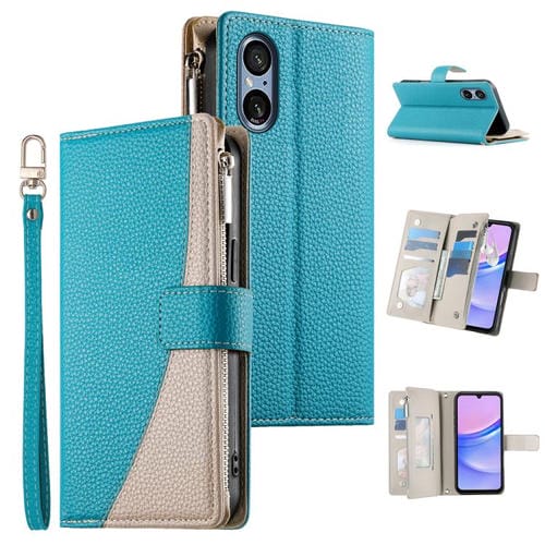 Funda de cuero tipo billetera con cremallera y múltiples tarjetas para Sony Xperia 5 V, con costuras y correa corta (azul)