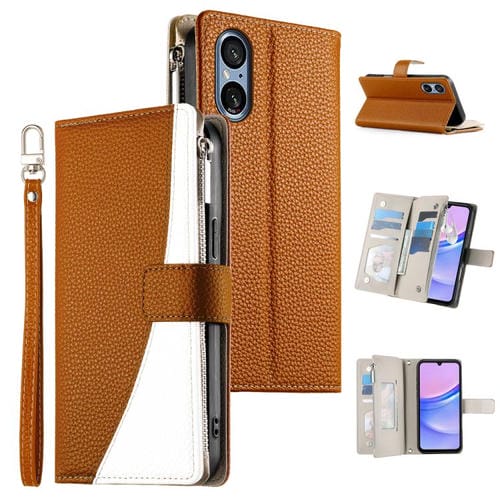 Funda de cuero tipo billetera con cremallera y múltiples tarjetas para Sony Xperia 5 V, con costuras y correa corta (marrón)