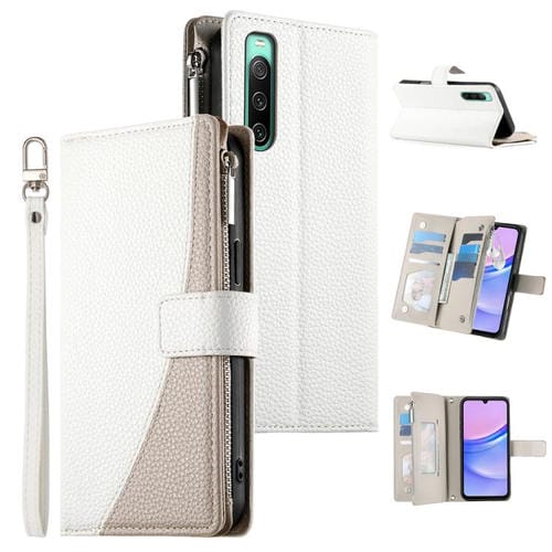 Funda de cuero tipo billetera con cremallera y múltiples tarjetas para Sony Xperia 10 IV, con costuras y correa corta (blanca)
