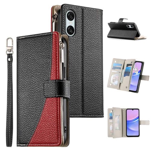 Funda de cuero con cremallera para Sony Xperia 10 VI, con costuras, múltiples tarjetas y correa corta (negra)